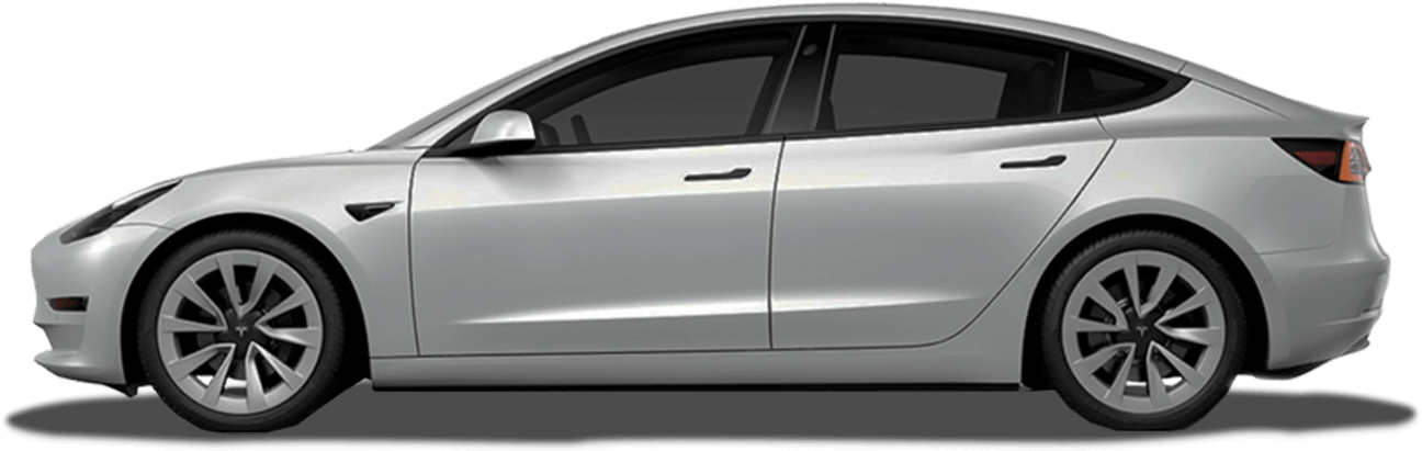 Silver Tesla Model 3 with lightly tinted windows shown in a side profile view.