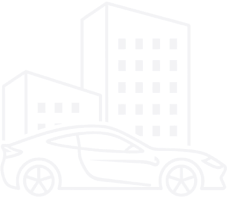 Outline illustration of a sports car in front of two office buildings, drawn in dark blue lines