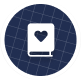 Circular icon featuring a white book with a heart on the cover, set against a dark grid background
