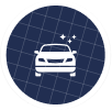 Circular blue icon with a white outline of a car and sparkles above it, suggesting a freshly detailed or tinted vehicle.