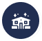 Circular icon with a white outline of a house and sparkles above it, set on a dark blue grid background.