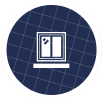 Circular blue icon with a white outline of a sliding glass door and a grid background.