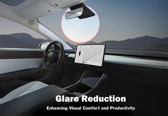 Tesla Model 3 interior with a red circle highlighting windshield glare, captioned "Glare Reduction."