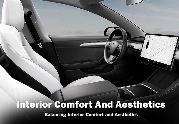 Interior view of a Tesla with white leather seats and clean design, captioned "Interior Comfort and Aesthetics."