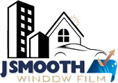 Logo for J Smooth Window Film featuring a car, a house, and a tall building with a sun in the background and an upward arrow over a blue-tinted film