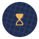 Blue circular icon with a gold hourglass shape, set on a grid background.