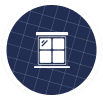Circular blue icon with a white outline of a standard window and a grid background.