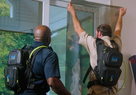 Two technicians wearing backpacks apply a clear window film to a residential glass door during a professional window tint installation.