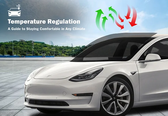 Tesla Model 3 with red and green arrows above the roof illustrating heat rejection and airflow, captioned "Temperature Regulation."