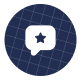 Circular blue icon with a white speech bubble and a star inside, set against a grid background.