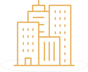 Gold line art of multiple high-rise commercial buildings.