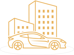 Gold outline illustration of a sleek sports car parked in front of modern city buildings.