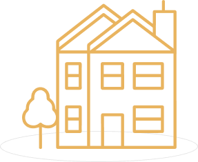 Line drawing of a two-story house with a chimney and a tree, symbolizing a residential home.