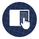Circular icon with a white hand touching a smart glass or switchable film panel, set on a grid background.