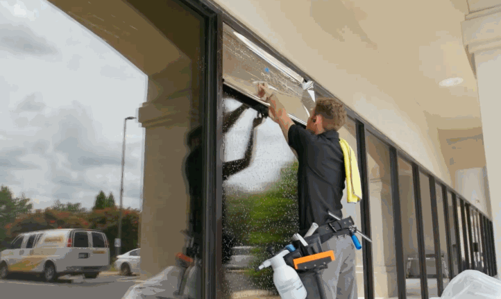 A technician installs commercial window tint on a large storefront window using a squeegee to smooth film across soapy glass. Reflections of the parking lot and columns are visible through the partially applied tint.