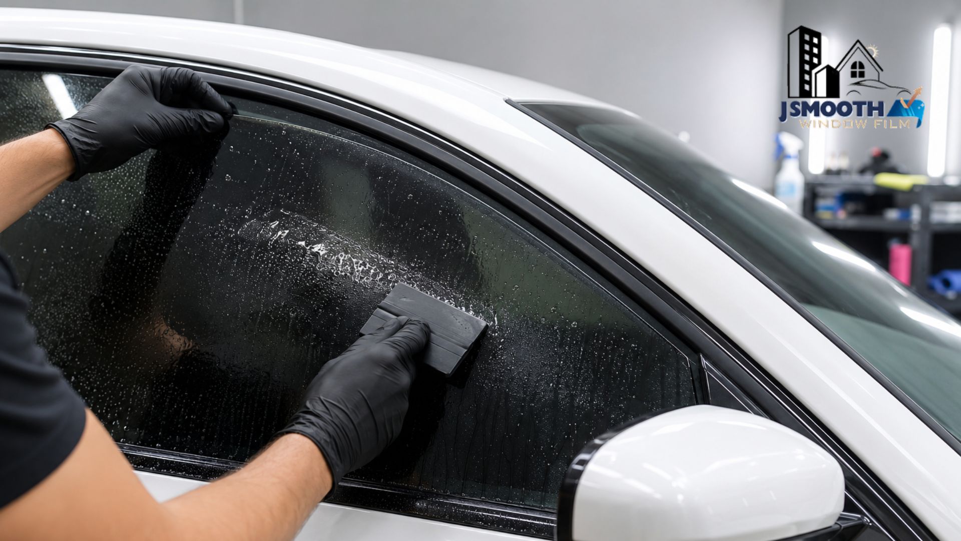 A technician applies ceramic window tint to the front side window of a white vehicle using a squeegee.