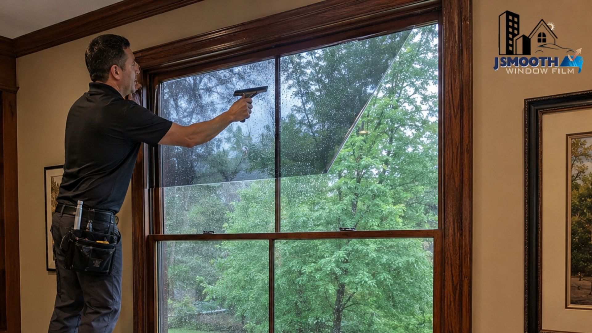 A technician applies residential window tinting to a large wood framed home window with trees visible outside.