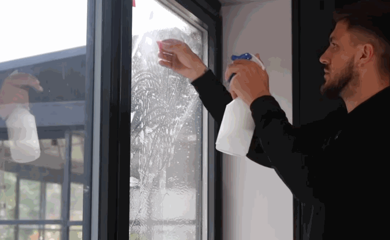 A technician sprays a home window before smoothing film onto the glass.